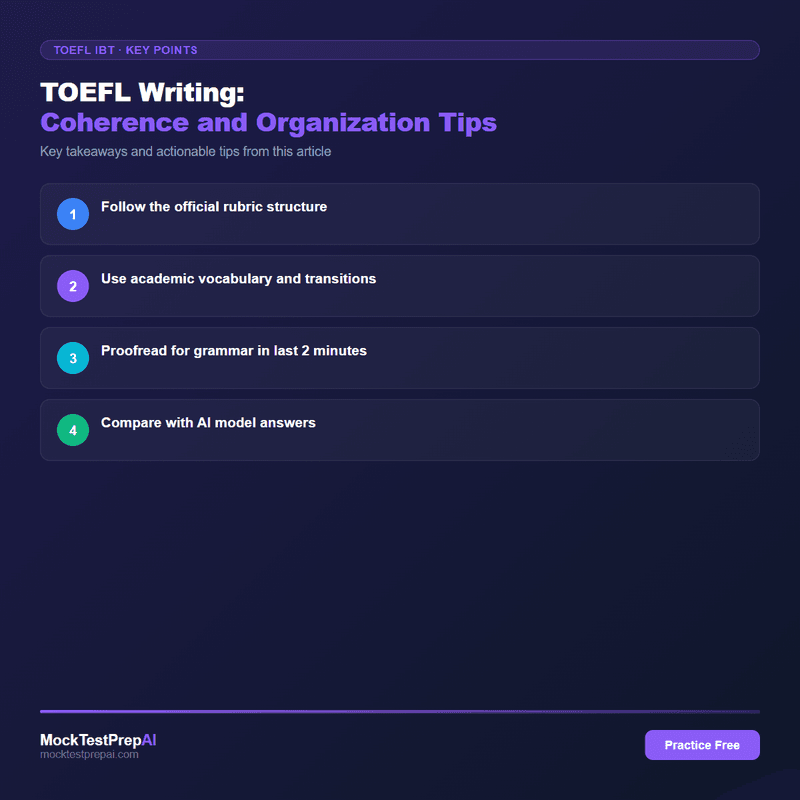 TOEFL Writing: Coherence and Organization Tips infographic