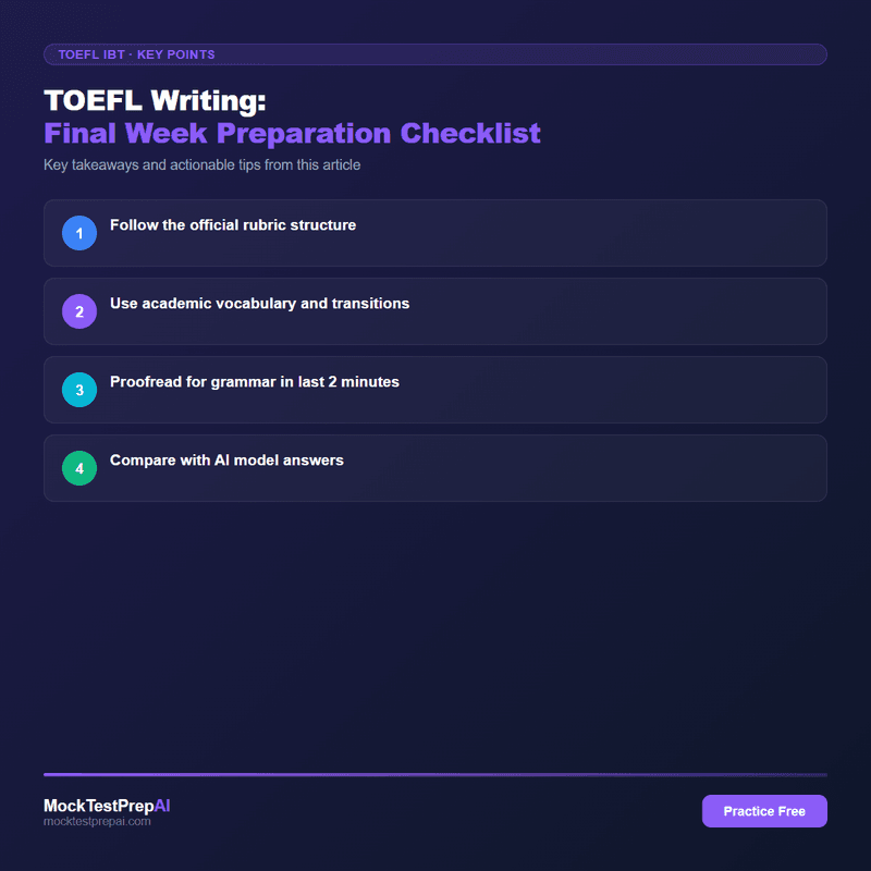 TOEFL Writing: Final Week Preparation Checklist infographic