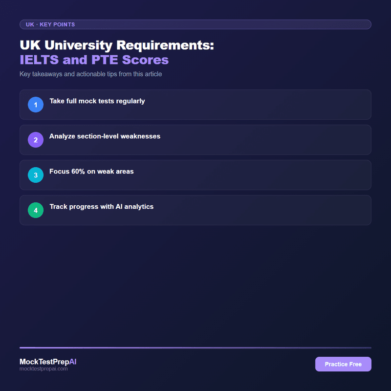 UK University Requirements: IELTS and PTE Scores infographic