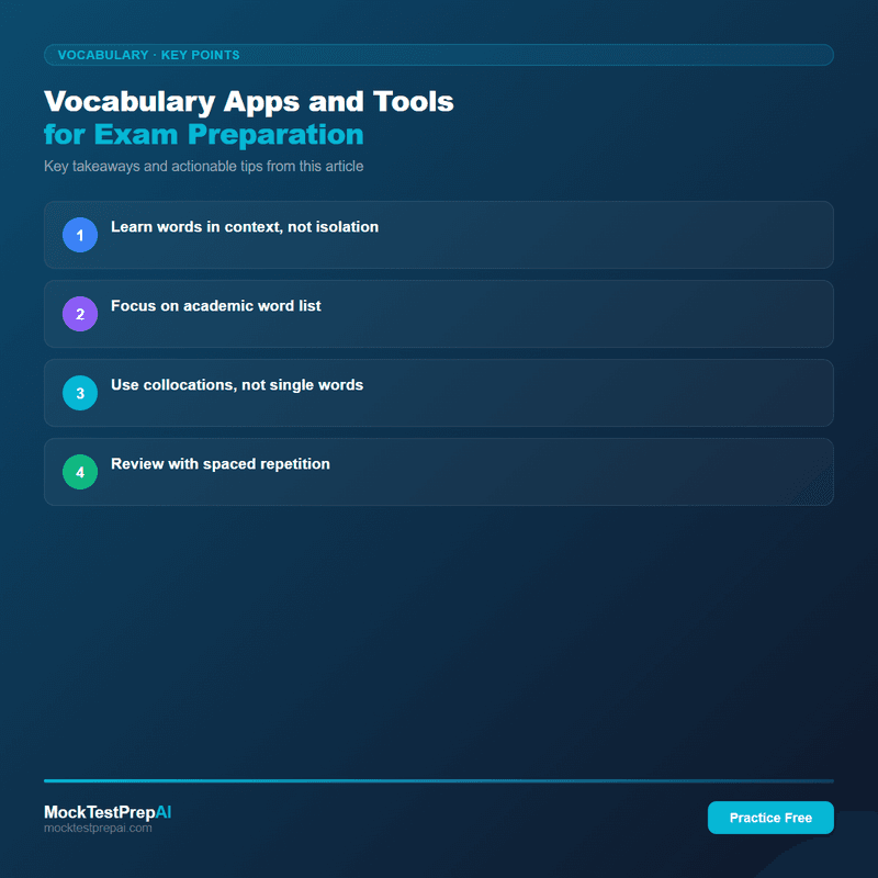 Vocabulary Apps and Tools for Exam Preparation infographic